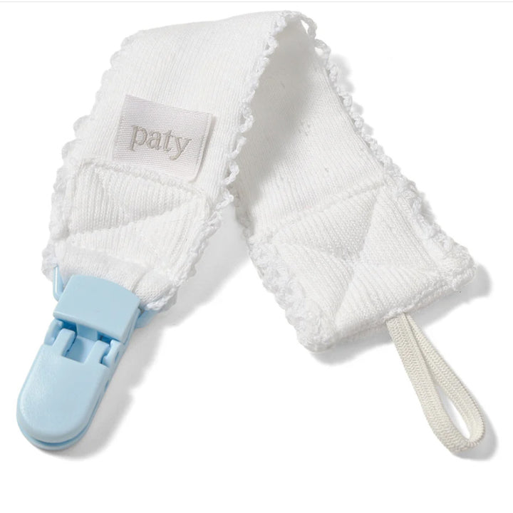 White with Blue Trim Pointelle Pacifier Clip by Paty