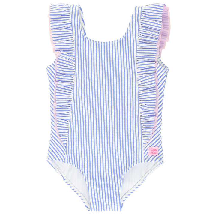 Periwinkle Blue Seersucker Waterfall One Piece Swimsuit by RuffleButts