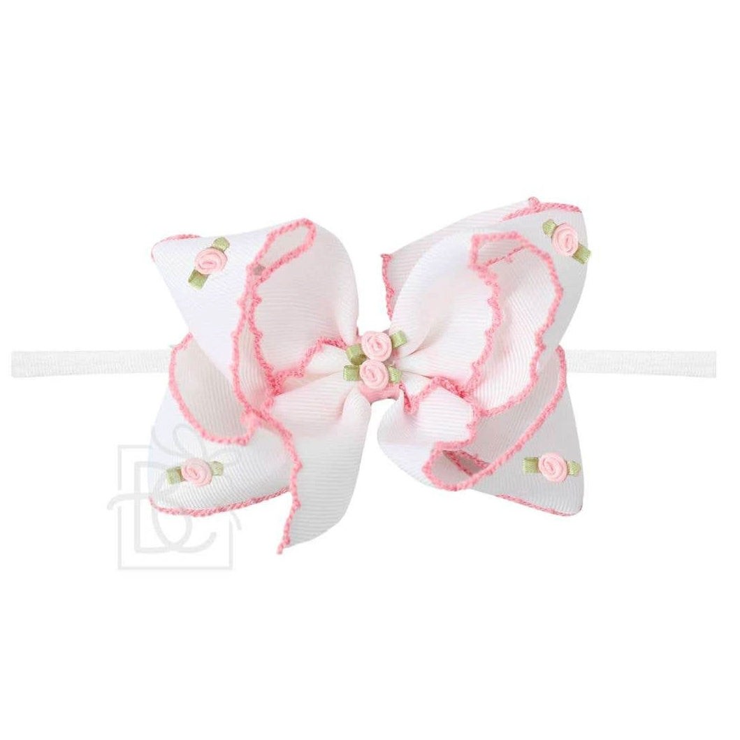 Flower Embellished Crochet Edge Bow on Pantyhose Headband by Beyond Creations