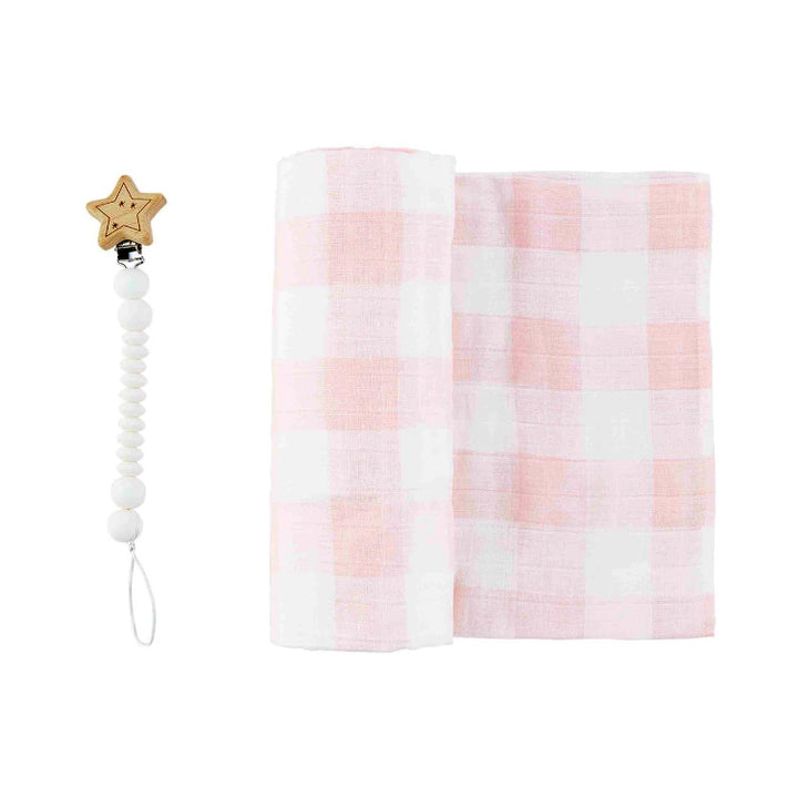 Mud Pie Pink Gingham Swaddle / Pacifier Clip Gift Set