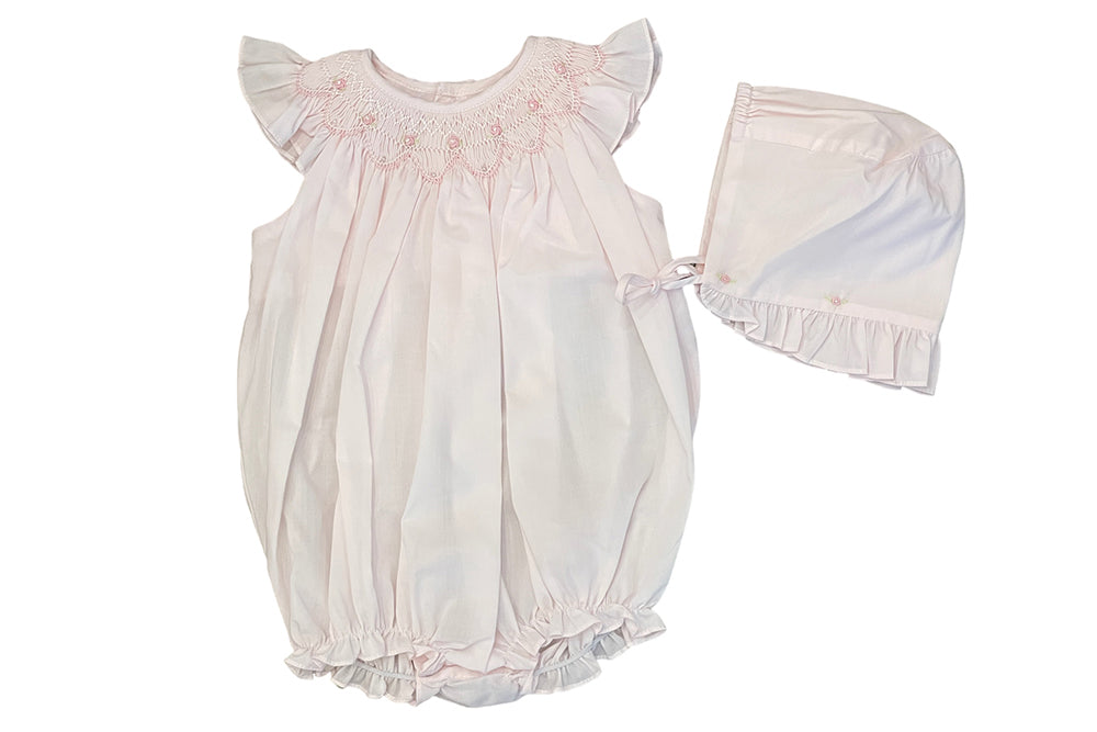 Pink Smocked Rosebud Bubble with Hat by Petit Ami