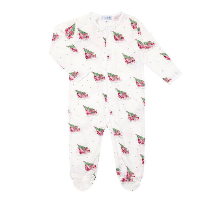 Pink Merry Sleighs Zipper Footie by Nellapima
