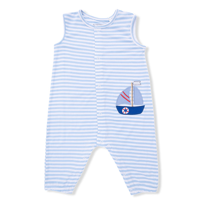 Sailboat Applique on Blue Stripe Sleeveless Romper by Angel Dear