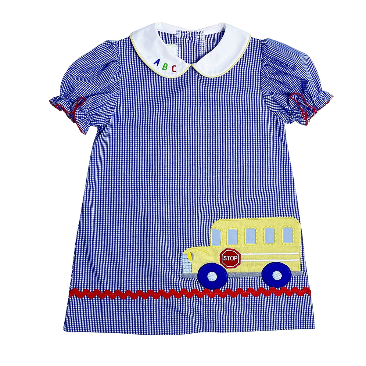 School Bus on Royal Blue Mini Gingham Dress by Zuccini Kids