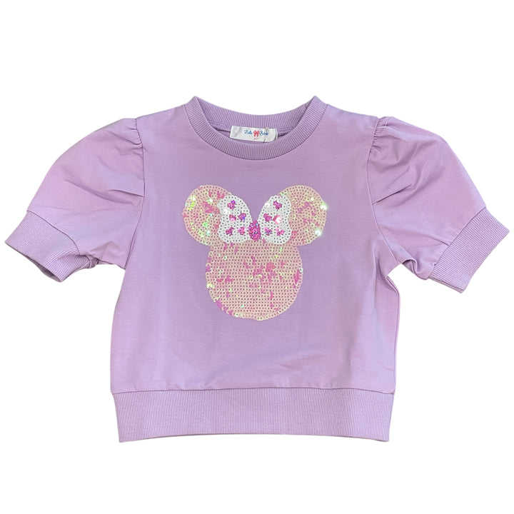Sequin Minnie Face on Lavender Puff Sleeve Shirt by LuLu BeBe
