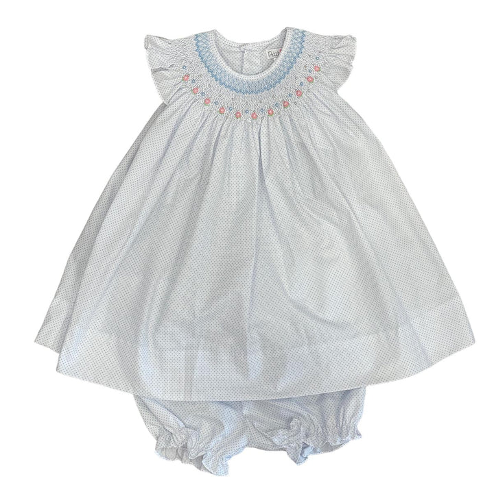 Petit Ami Smocked Dress with Roses on Blue Microdots