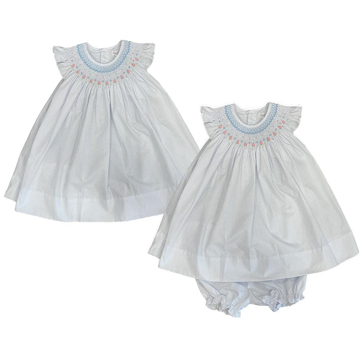 Petit Ami Smocked Dress with Roses on Blue Microdots