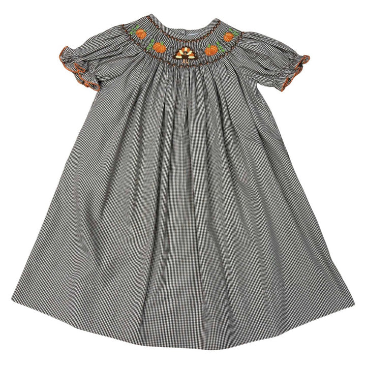 Smocked Turkey and Pumpkins on Brown Check Bishop Dress by Delaney