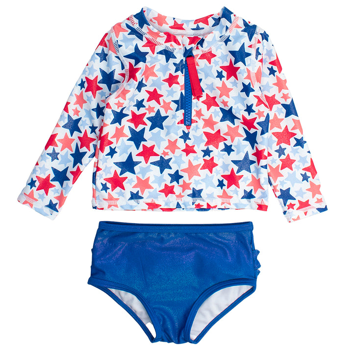Shimmer Star-Spangled Long-Sleeve Zipper Rash Guard by RuffleButts