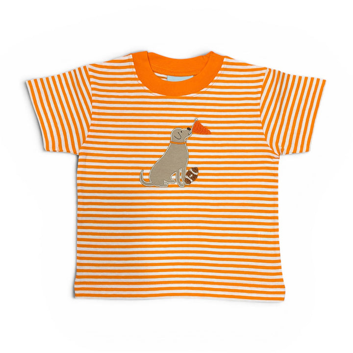 Dog with Football Applique on Orange Stripe Shirt by The Smiley Crab