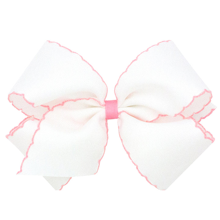 Wee Ones Moonstitch Bow - White w/ Light Pink Trim (2 sizes)