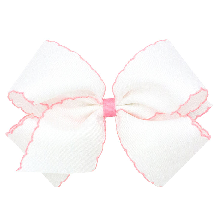 White w/ Light Pink Trim Moonstitch Bow by Wee Ones (2 sizes)