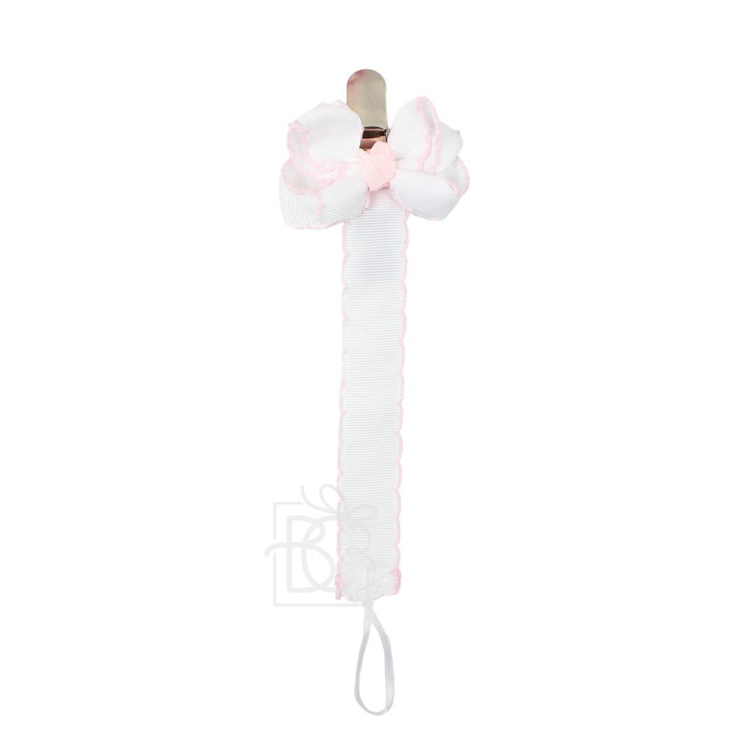 White with Light Pink Crochet Edge Pacifier Clip with Bow by Beyond Creations