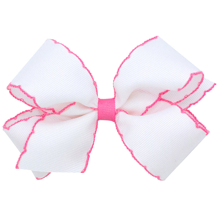 Wee Ones Moonstitch Bow - White w/ Hot Pink Trim (2 sizes)