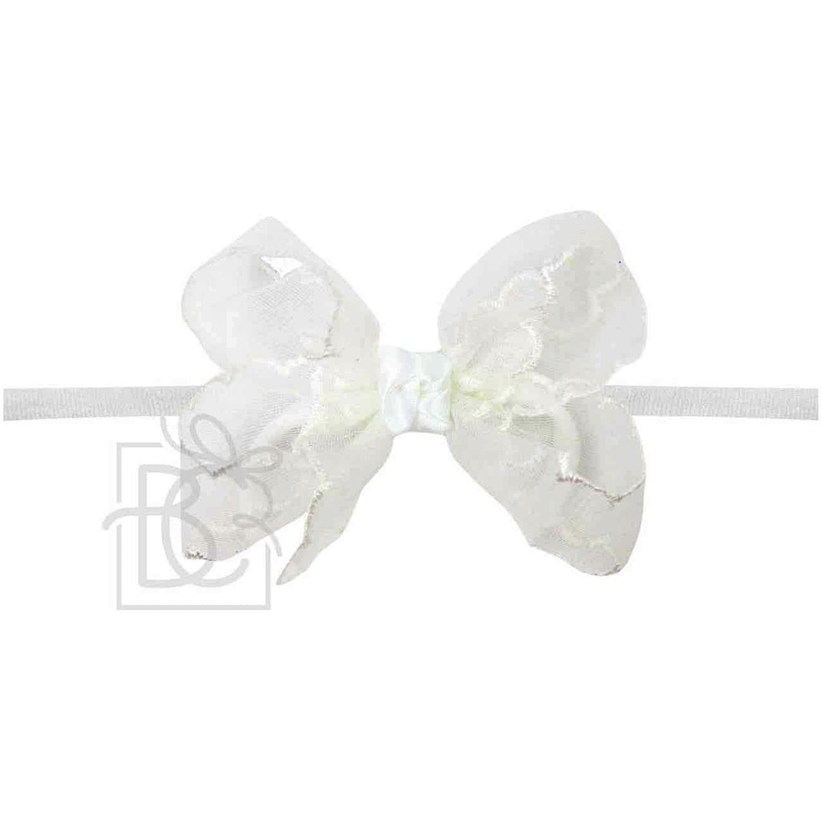 White Scalloped Organza Bow on Pantyhose Headband by Beyond Creations