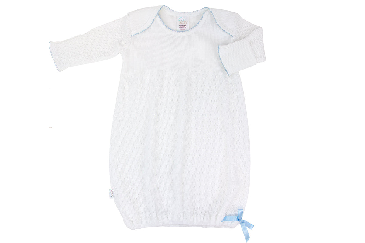 Knit Lap Shoulder Newborn Day Gown w/ Blue Trim by Paty
