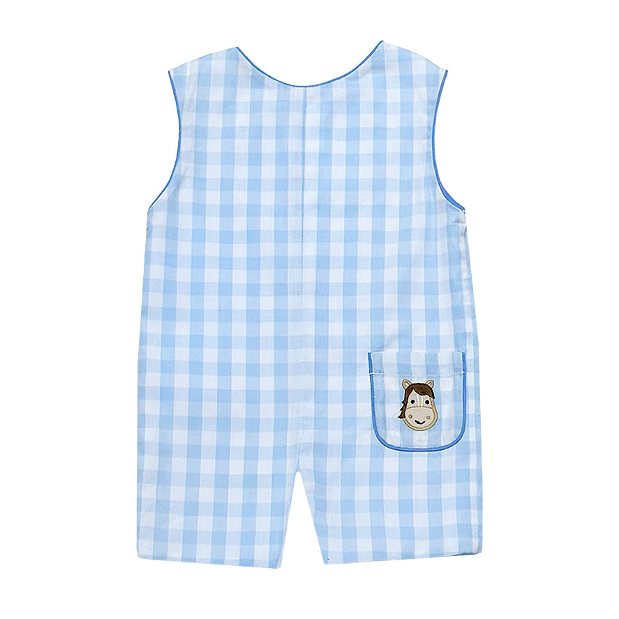 Farm Applique on Light Blue Buffalo Check Shortall by Zuccini