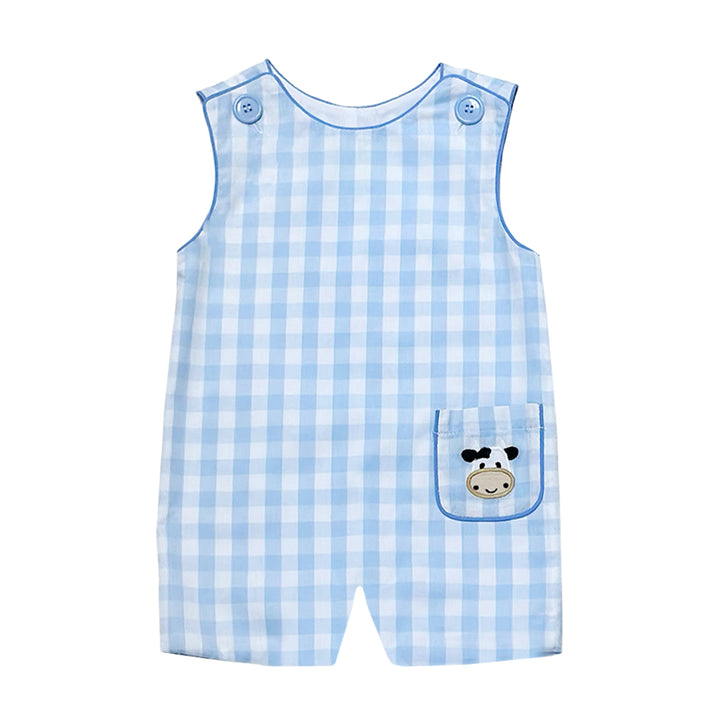 Farm Applique on Light Blue Buffalo Check Shortall by Zuccini