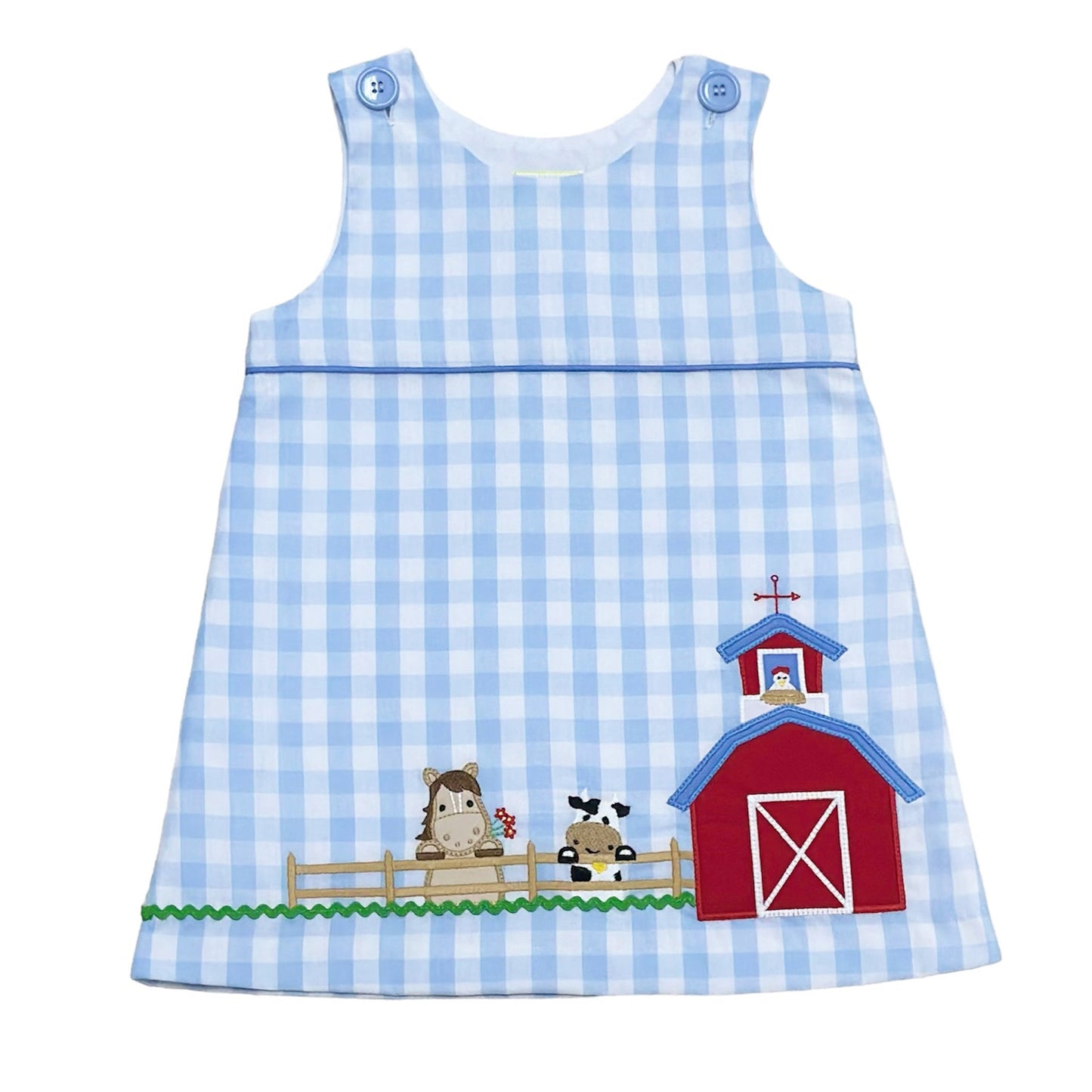 Farm Applique on Light Blue Buffalo Check Jumper by Zuccini