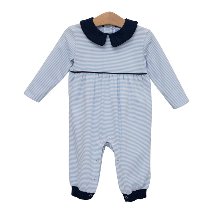 Light Blue Stripe with Navy Trim Gabriel Romper by Trotter Street Kids