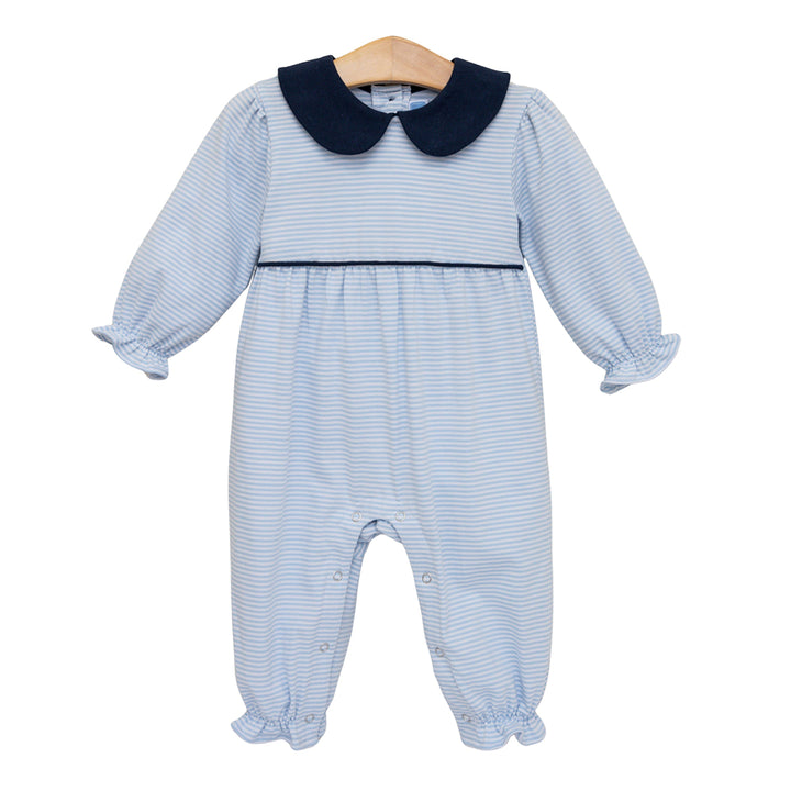 Light Blue Stripe with Navy Trim Katherine Romper by Trotter Street Kids