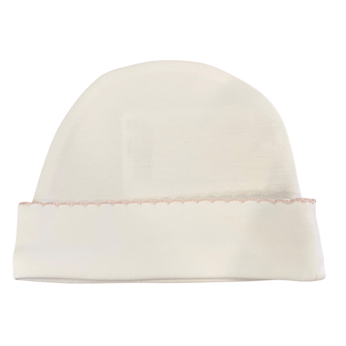 White with Pink Trim Picot Beanie Hat by Squiggles