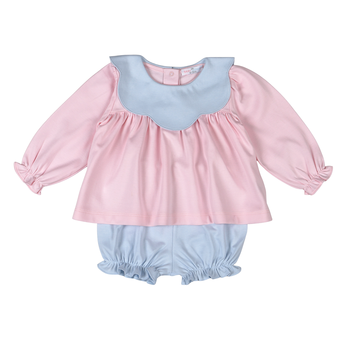 Pink with Blue Scallop Collar Emma Bloomer Set by Baby Loren