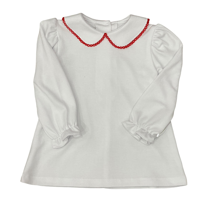 Red Trim on White Long-Sleeve Kendall Collar Blouse by Zuccini