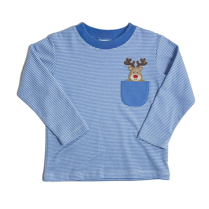 Reindeer on Pocket of Periwinkle Bitty Stripe Tee by Zuccini Kids