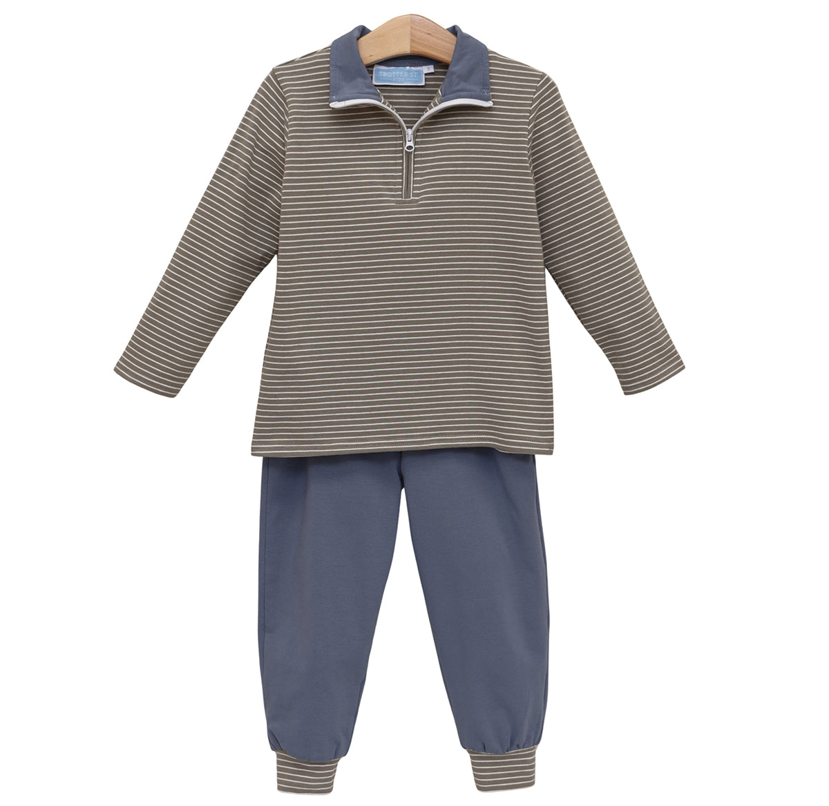 Beige / Blue Stripe Tucker Pullover Set by Trotter Street Kids