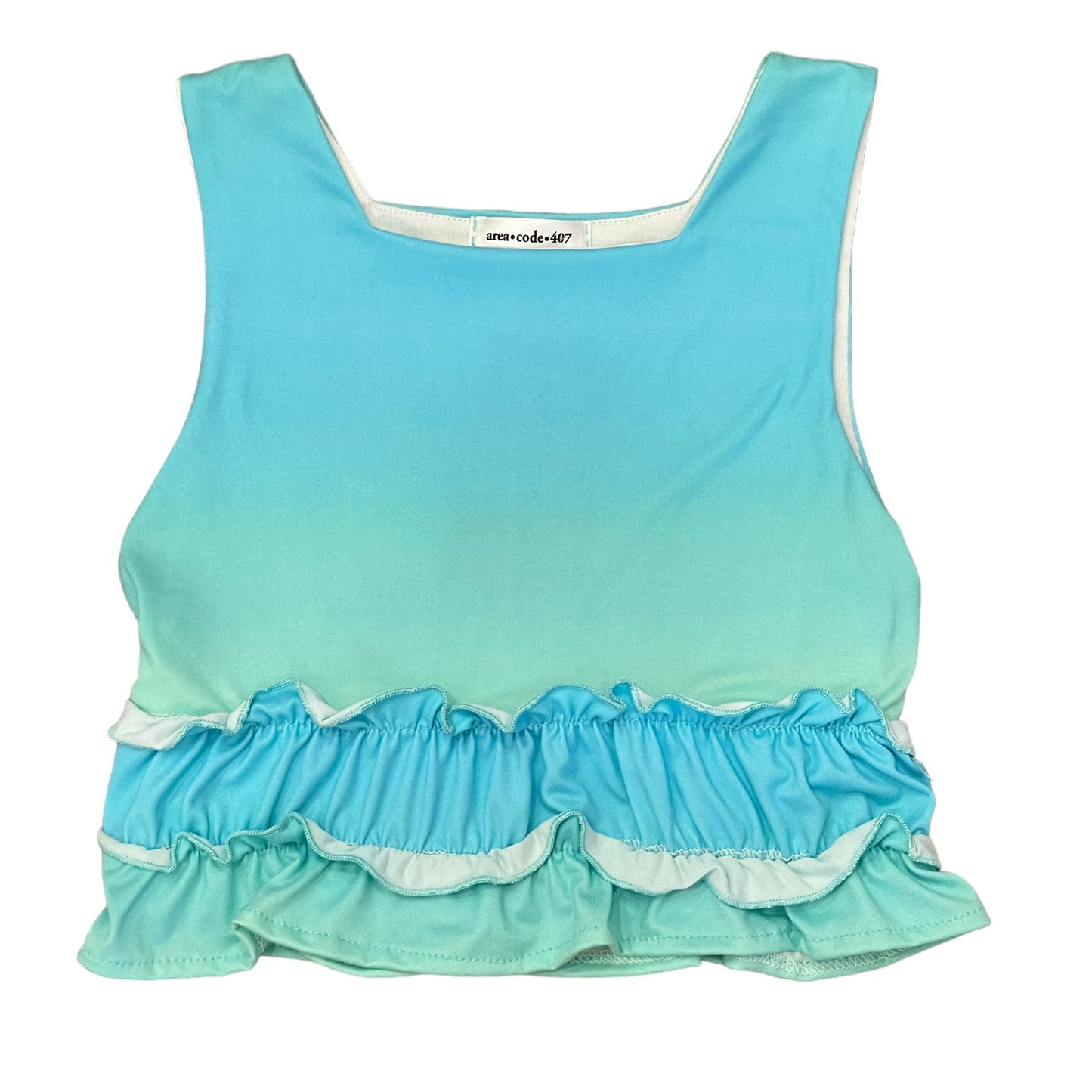 Area Code 407 Aqua Square Neck Top with Ruffles at Bottom