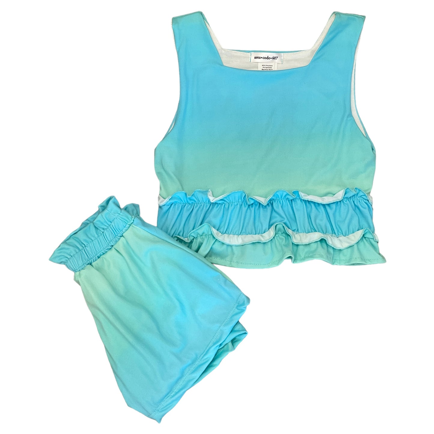 Area Code 407 Aqua Square Neck Top with Ruffles at Bottom