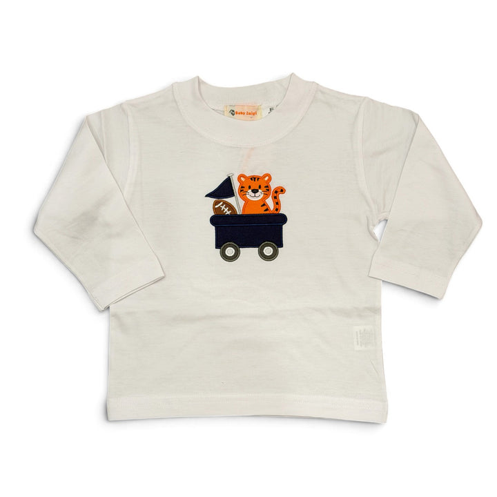 Tiger and Football in Wagon on Boy's Long-Sleeve Shirt by Luigi