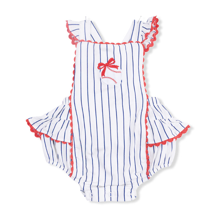 Baseball Stripe Ric Rac Ruffle Sunsuit by Angel Dear
