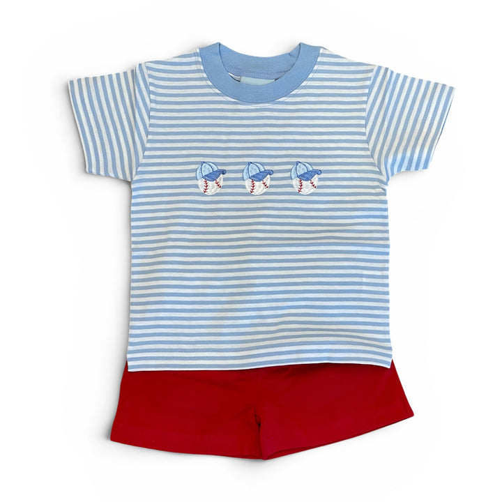 Baseball Trio Applique Tee and Red Shorts Set by The Smiley Crab