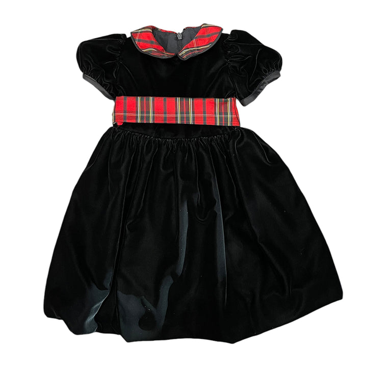 Black Velvet Dress with Holiday Plaid Sash and Collar by Susanne Lively