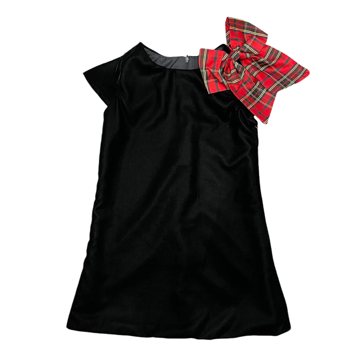 Black Velvet Aline Dress with Holiday Plaid Bow by Susanne Lively