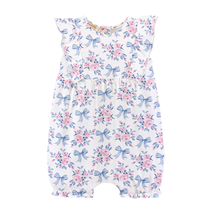 Blue Floral Bows Romper with Ruffles by Baby Club Chic