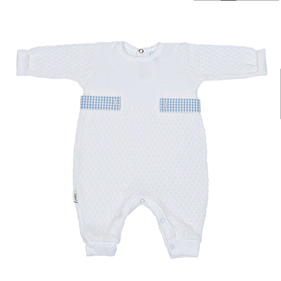Blue Gingham Side Tabs Long-Sleeve Romper by Paty