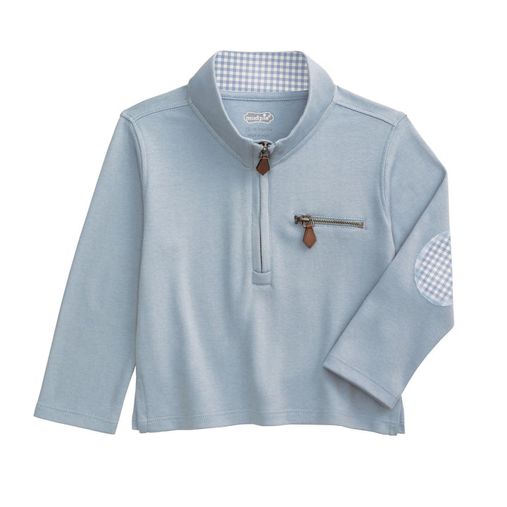 Blue Quarter Zip Pullover with Gingham Trim by Mud Pie