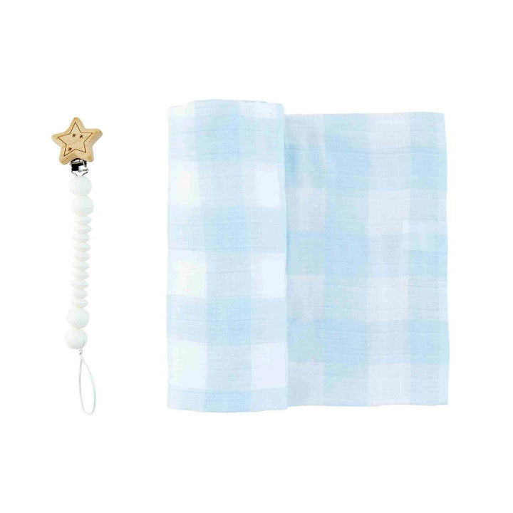 Mud Pie Blue Gingham Swaddle / Pacifier Clip Gift Set