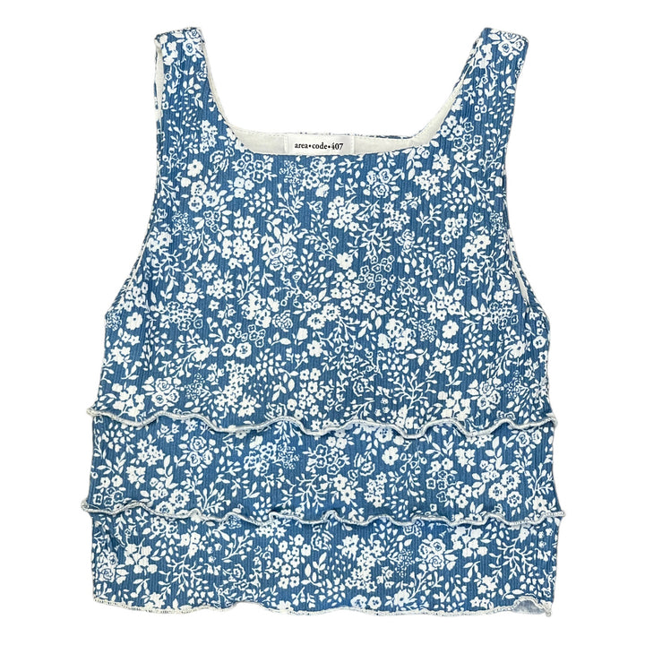 Area Code 407 Blue Ivory Floral Panel Square Neck Tank Top