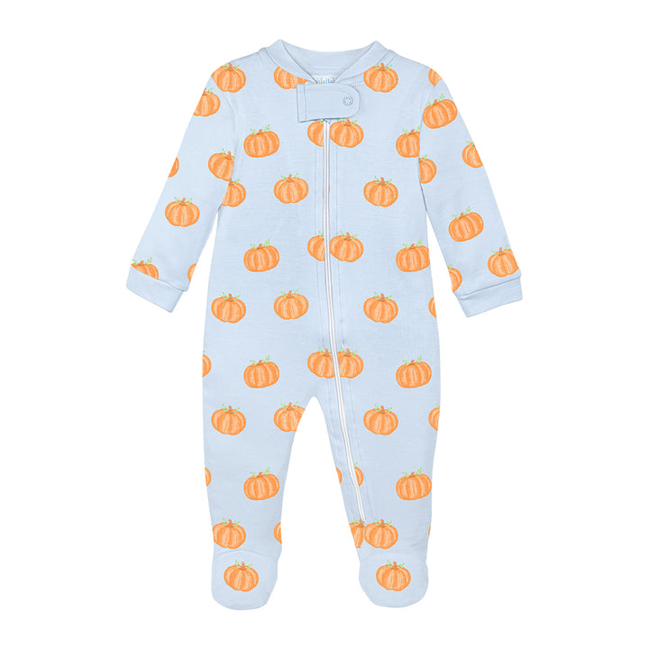 Light Blue Halloween Pumpkins Zipper Footie by LydaBaby
