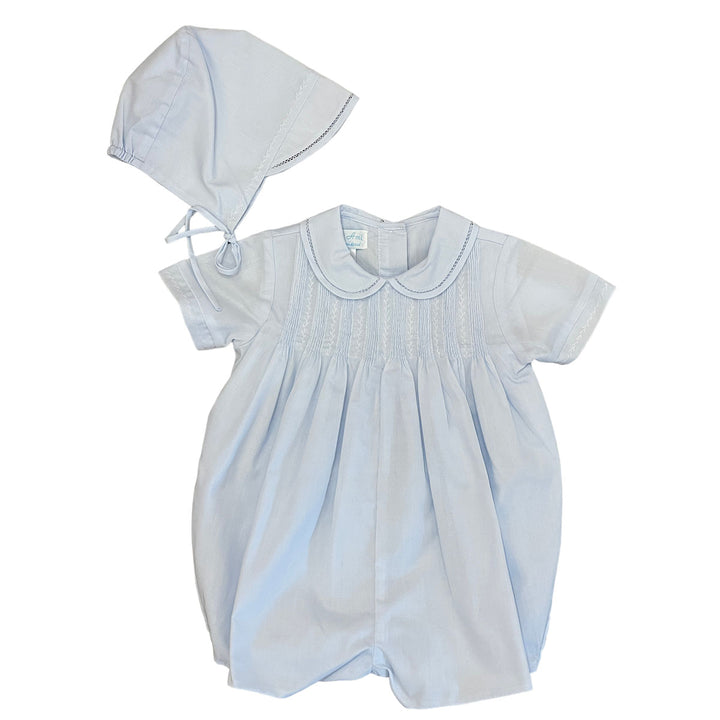 Blue Smocked Romper with Hat by Petit Ami