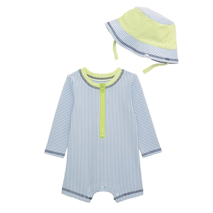 Blue Seersucker One-Piece Rash Guard Swimsuit with Sun Hat by Mud Pie