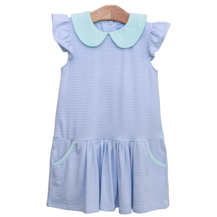 Light Blue Stripe / Mint Trim Genevieve Dress by Trotter Street Kids