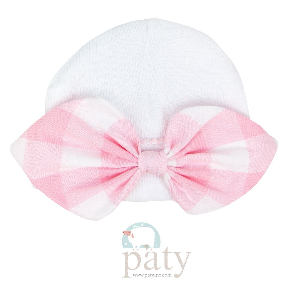 Pink Check Bow Newborn Saylor Beanie by Paty