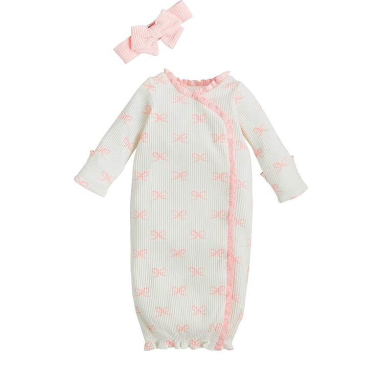 Bow Print Newborn Gown and Bow Headband Set by Mud Pie