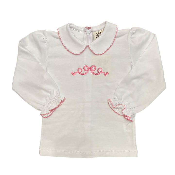 Pink Bow Long Ruffle Sleeve White Top by Luigi