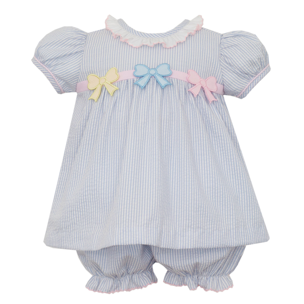 Pastel Bows on Light Blue Seersucker Bloomer Set by Claire & Charlie